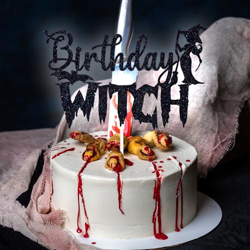 Black Glitter Birthday Witch Cake Topper Halloween 20th 30th 40th 50th Celebration Decor