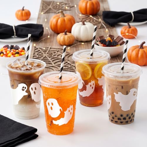 Halloween Ghost Latte Plastic Cups Set - 50 Count 16 oz with Lids & Straws - Black & White / Ghost & White