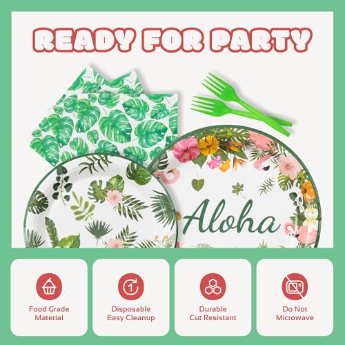 Hawaiian Party Tableware Set for 24 Guests - Luau Decorations, Plates, Napkins & Forks