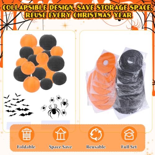 Halloween Paper Lanterns Set - Black and Orange, 18 pcs for Spooky Party Decor