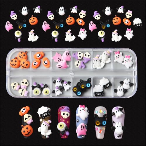 Halloween Nail Charms Ghost Pumpkin Bat Ghost Cat DIY Nail Art Decorations - Variation: Bat Ghost