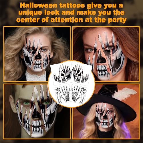 Halloween Face Tattoos Set - Waterproof Skeleton Zombie & Clown Designs for Costume Makeup