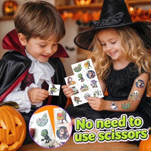 Halloween Pre-Cut Temporary Tattoos for Kids - 192 Designs, 16 Sheets