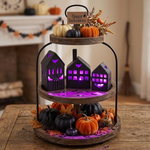 Halloween Village Ceramic Haunted House Figurine Set with Timer & LED Lights