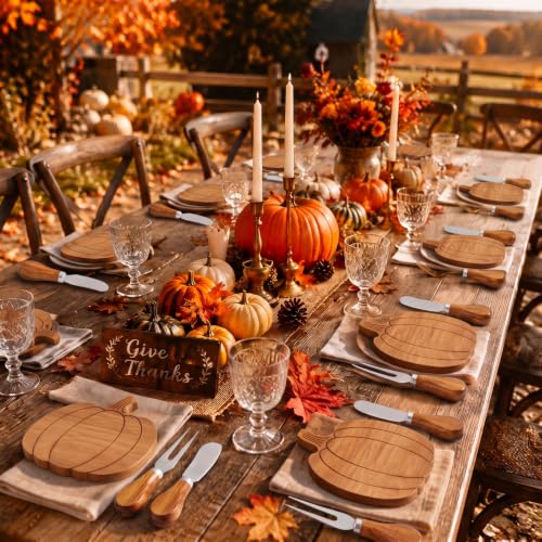 Pumpkin Charcuterie Board Set - Fall Wood Decor with 2 Knives & Forks, 12 Sets