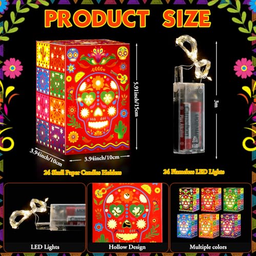 24-Piece Day of the Dead Skull Candle Holder Set with Flameless LED Lights
