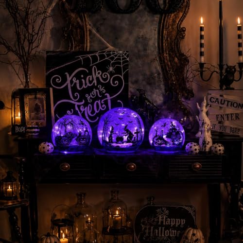 Halloween Glass Ball Decor Set - 3 Pack Purple LED Globes with Timer - Witch, Pumpkin & Bat Scenes