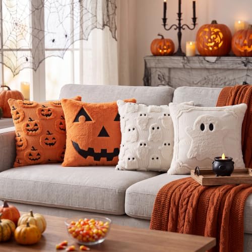 Halloween Ghost Pumpkin Pillow Covers Set 18x18 Inch Faux Fur Decor