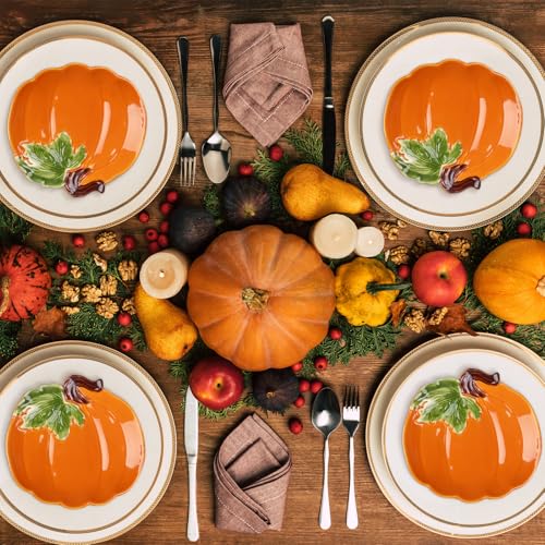 FillTouch Orange Ceramic Pumpkin Plates - Fall Appetizer & Dessert Dishes - 4 Pack