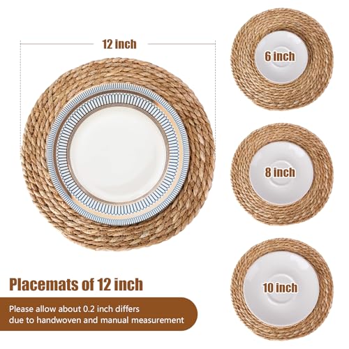 Natural Woven Placemats Set of 4 - 12 Inch Round Boho Rattan Water Hyacinth