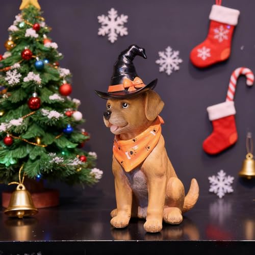 Indoor Halloween Dog Statue with Witch Hat - Ghostly Puppy Figurine for Holiday Decor - 5x7x13 Inches - Spooky Gift