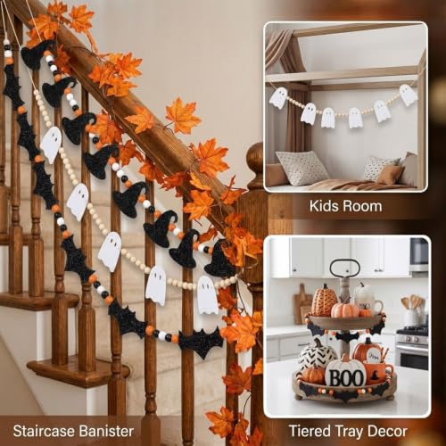 Halloween Bead Garland Set with Ghost Bat & Witch Hat Decorations - Indoor Mantel & Tiered Tray Decor