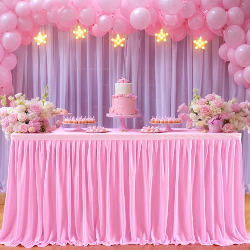 Pink 17ft Ruffle Table Skirt for Rectangular Tables Wedding Party Banquets - Pink / 203" x 30"
