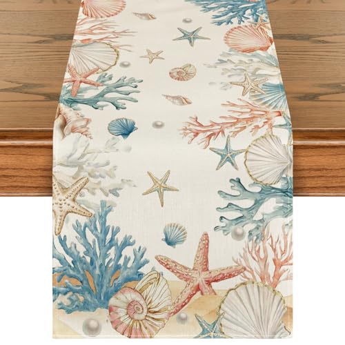 Summer Decorative Table Runner 13x72 Inch Coral Shell Pearl Design - Kitchen & Dining Decor