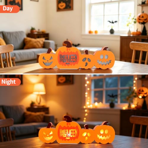 Reversible Wooden Halloween & Fall Pumpkin Decor with Warm LED Light