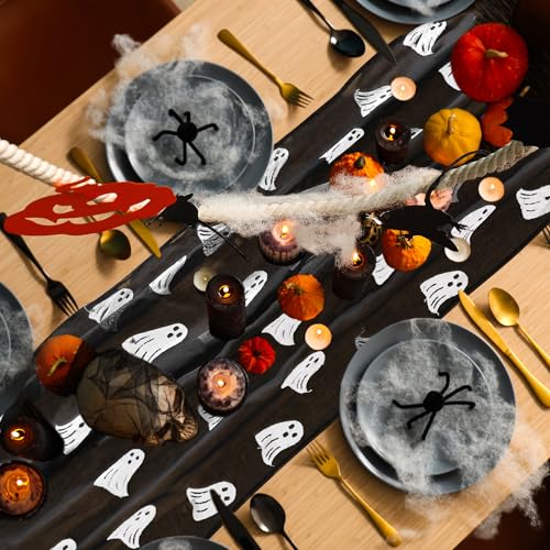 Halloween Ghost Embroidery Tulle Table Runner - Black Ghost, 9.2 Ft