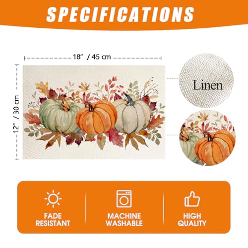 Orange Fall Leaves Pumpkins Placemat Set of 4 - Durable Polyester Table Decor