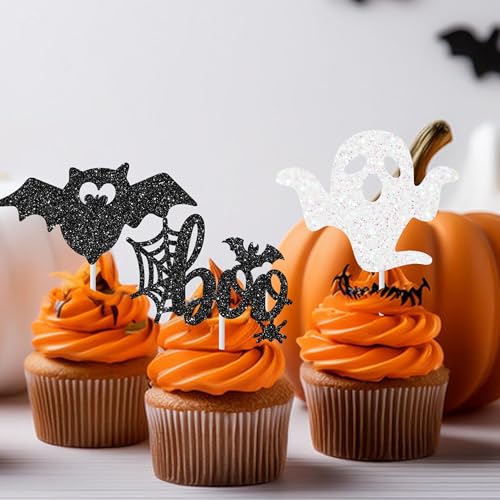 30 Pack Halloween Cupcake Toppers Ghost Pumpkin Bat Witches Party Decor