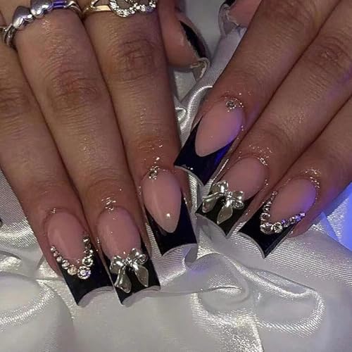 Black French Press On Nails Set with Silver Bow Charms & Rhinestones - Medium Square 24Pcs