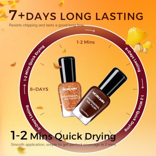 Morovan Fall Maple Leaf Nail Polish Set - 6 Autumn Colors, Holographic & Glitter