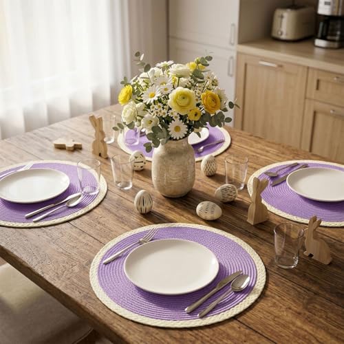 Mint Purple Woven Round Placemats Set of 6 - Elegant Braided Edge Table Mats