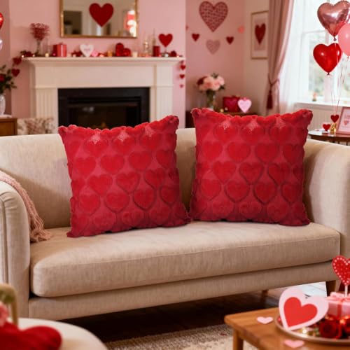 Valentine's Pillow Covers Set of 2 - 18x18 Inch Red Heart Plush Decor for Sofa Couch Bed