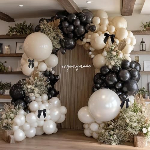 Black White Balloon Arch Kit - Double Stuffed Pearl White & Black Balloons with Bow - Wedding & Party Decorations