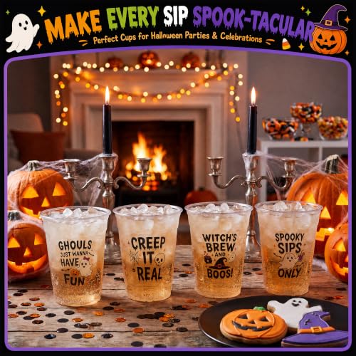 Halloween Plastic Cups 100 Pack - Spooky Theme Sayings & Designs, 12 oz, Party Supplies