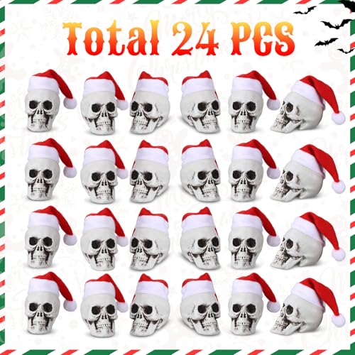 Mini Hanging Skull Heads Christmas Tree Ornaments - 3.15 Inch Halloween Skeleton Decorations Set of 24