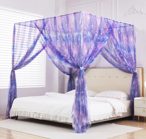 Twin Purple Ombre Tie Dye Canopy Bed Curtains with Lights for Girls Room Decor