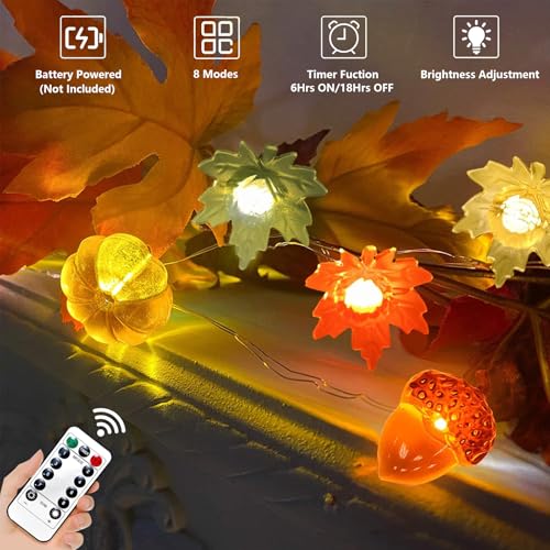Autumn Thanksgiving Fairy String Lights 16.7Ft 50 LED 3D Pumpkin & Leaf Decor
