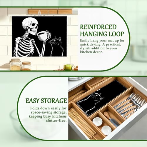 Skeleton Coffee Cat Dish Drying Mat - Reversible Black & White Microfiber Kitchen Rug 18x24 Inch