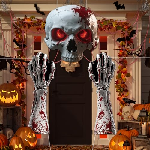Halloween Skull Door Banner Set with Bloody Skeleton Garlands - Gothic Porch Decorations for Haunted House & Party