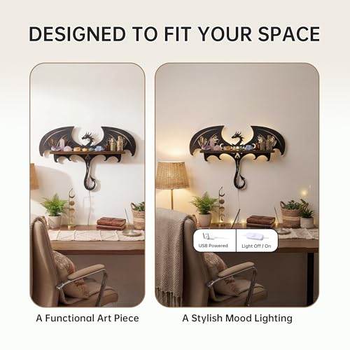 Dragon Wall Shelf with LED Light - Gothic Dragon Night Light - Black