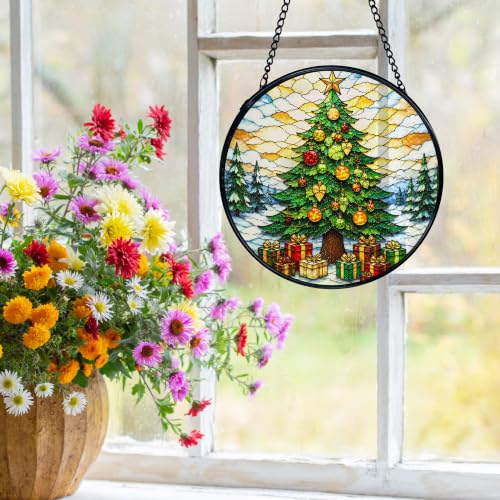 Winter Pine Tree Suncatchers Stained Glass Window Hanging Christmas Tree-3