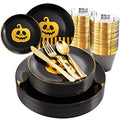 Halloween Pumpkin Party Plates & Silverware Set - Black Gold, 50 pcs