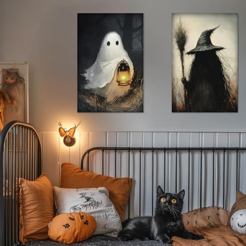 Halloween Wall Art Canvas Set - 3 Large Spooky Witch Ghost Black Cat Posters