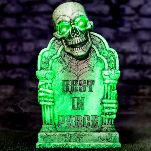 Halloween Animatronic Tombstone with Skull & Green LED Lights, Sound & Motion Activated - Green Variation