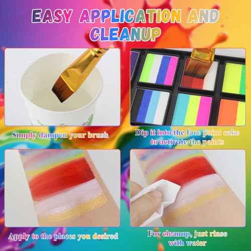 Water-Based Rainbow Face Paint Kit for Adults - 12 Colors & 4 Brushes, Halloween & Cosplay