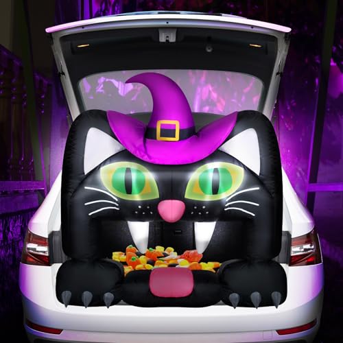 Halloween Inflatable Cat Car Decoration - 4.3FT LED Trunk or Treat Decor - Black & Green