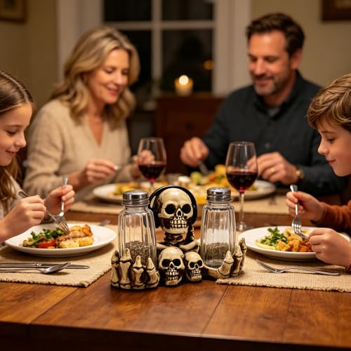 Halloween Skeleton Salt and Pepper Shaker Set - Gothic Kitchen Decor, Skeleton Holder