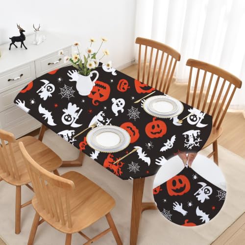 Oval Fitted Halloween Tablecloth with Elastic 48x68 Inch - Pumpkin Spiders Cobweb - Washable