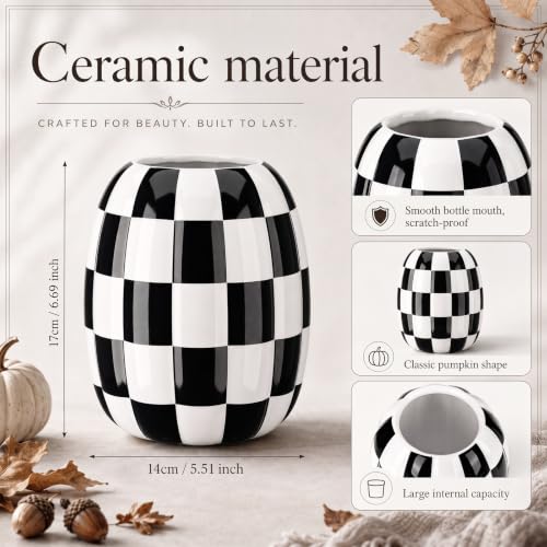 Black and White Checkered Ceramic Pumpkin Vase - 6.7 Inch Fall Decor
