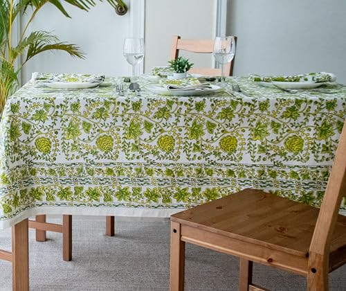 Block Print Table Cloth - Yellow Limegreen 60x108 Inch Cotton Handmade Washable