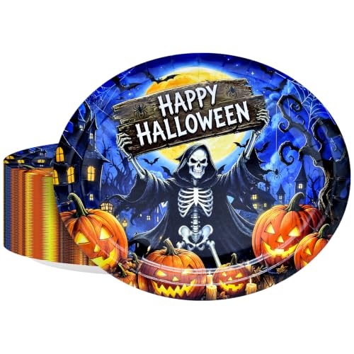 Halloween Skeleton Oval Paper Plates 9x11 - 50 Pack | Spooky Party Supplies
