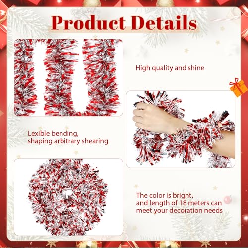 Christmas Tinsel Garland 295 Feet - Red White Silver Holiday Decor - Variation of Christmas / Red White Silver