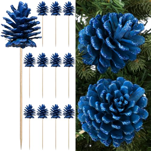 Blue Christmas Pine Cone Picks Set of 12 - Glitter Holiday Tree Decorations