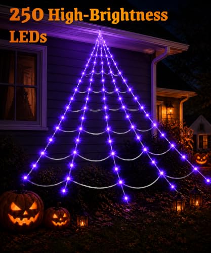 Purple LED Halloween Spider Web Lights with Giant Spider - Outdoor Yard Decor