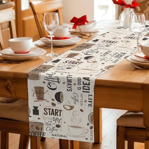 Farmhouse Cotton Linen Table Runner 18 x 72 Inches - Brown Beige Kitchen Decor
