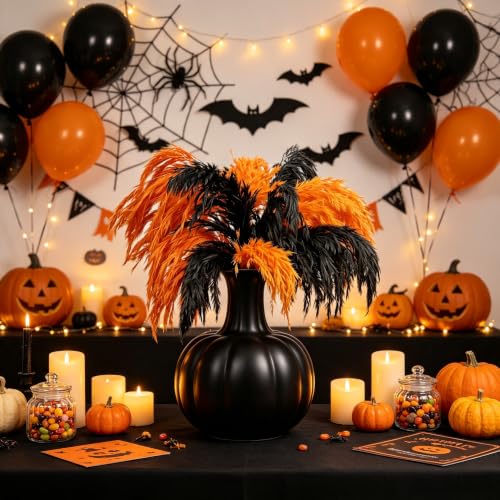 Black and Orange Pampas Grass for Halloween Decorations - 17 Inches